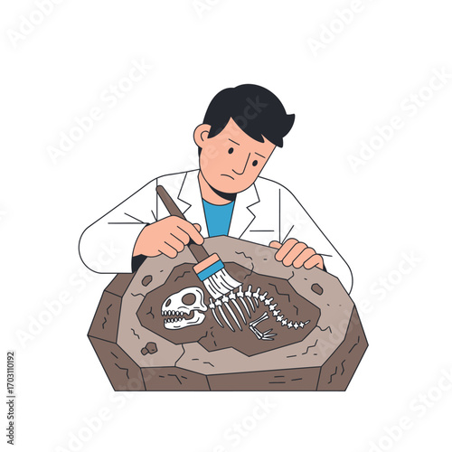Young male paleontologist carefully excavating a small dinosaur fossil with a brush. Vector cartoon illustration of archaeological discovery and prehistoric science