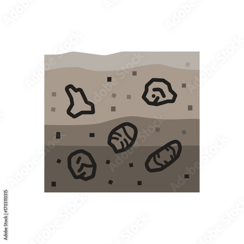Illustration of a soil profile showing different layers of earth and various rocks and sediments embedded within.