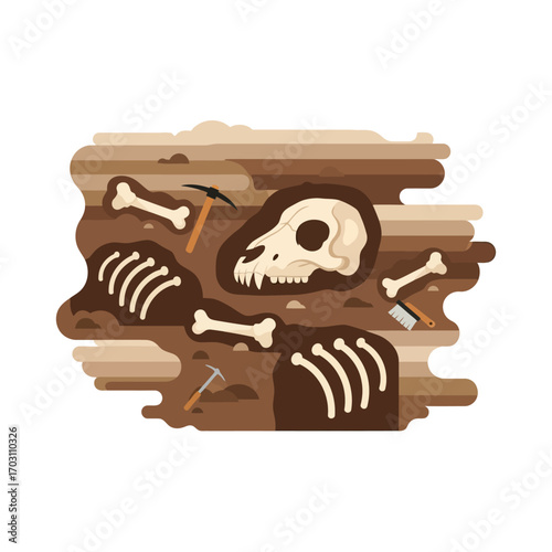 Unearthed ancient canine skull and bones, archeological dig site tools.