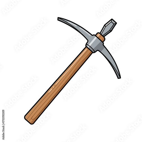 An illustration of a pickaxe with a wooden handle and a gray metal head, angled on a white background.