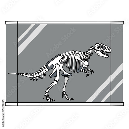 Gray museum display case with a Tyrannosaurus Rex skeleton.