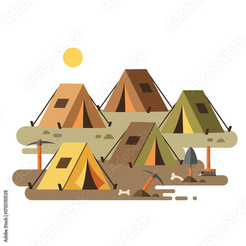 Archaeological dig site with tents, tools, and unearthed bones.