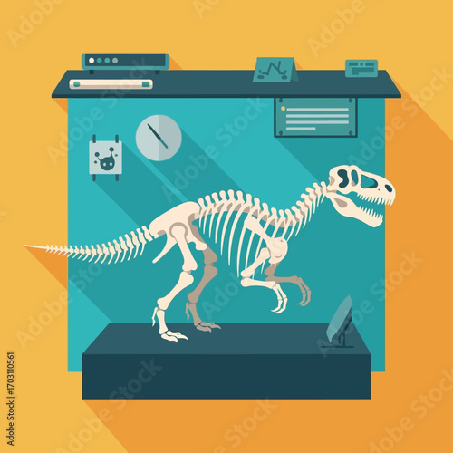 Dinosaur skeleton displayed in a museum exhibit case, showcasing paleontological research.