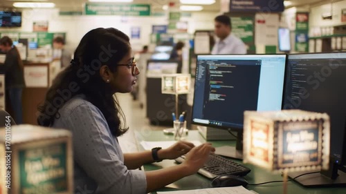 Wallpaper Mural Focused software developer coding on multiple screens in busy office Torontodigital.ca