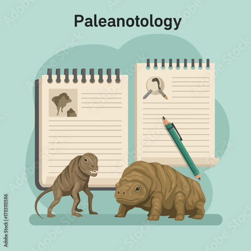 Paleontology study notes featuring prehistoric creatures and research tools.