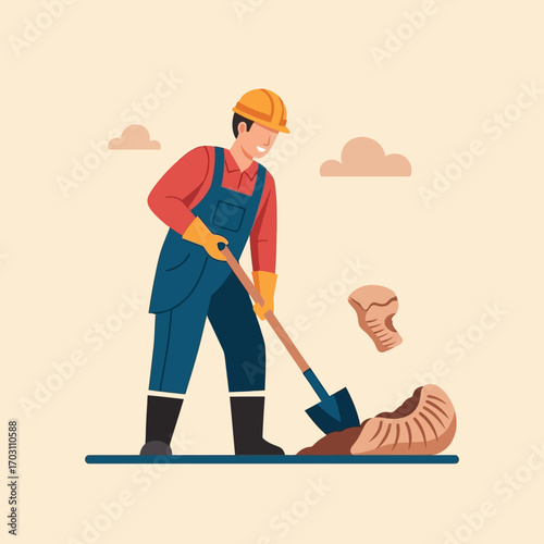 Archaeologist carefully excavating ancient artifacts with a shovel.