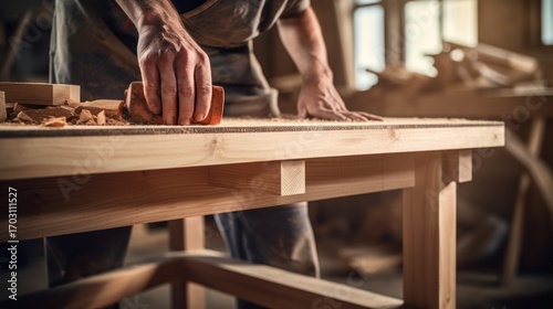 close up man owner a small furniture business is preparing wood for production. carpenter male is adjust wood to the desired size. architect, designer