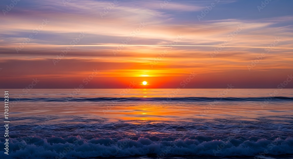 Obraz premium Vibrant Sunrise Over Ocean Waves.