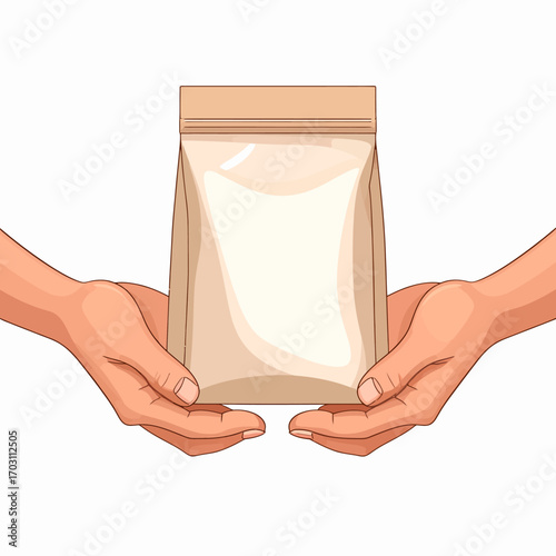 Two hands presenting a sealed paper bag for coffee or food. Clean cartoon illustration for shopping and delivery services