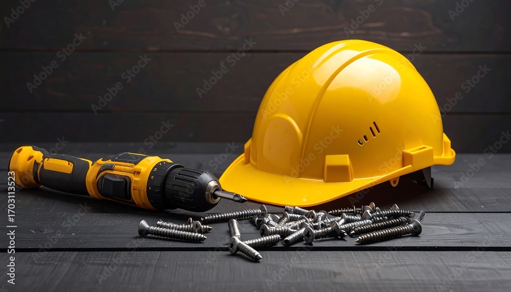 Fototapeta premium Yellow Hard Hat with Cordless Drill and Screws.