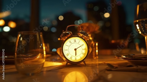 Golden timepiece on dinner table in low light, great for storytelling and atmospheric imagery