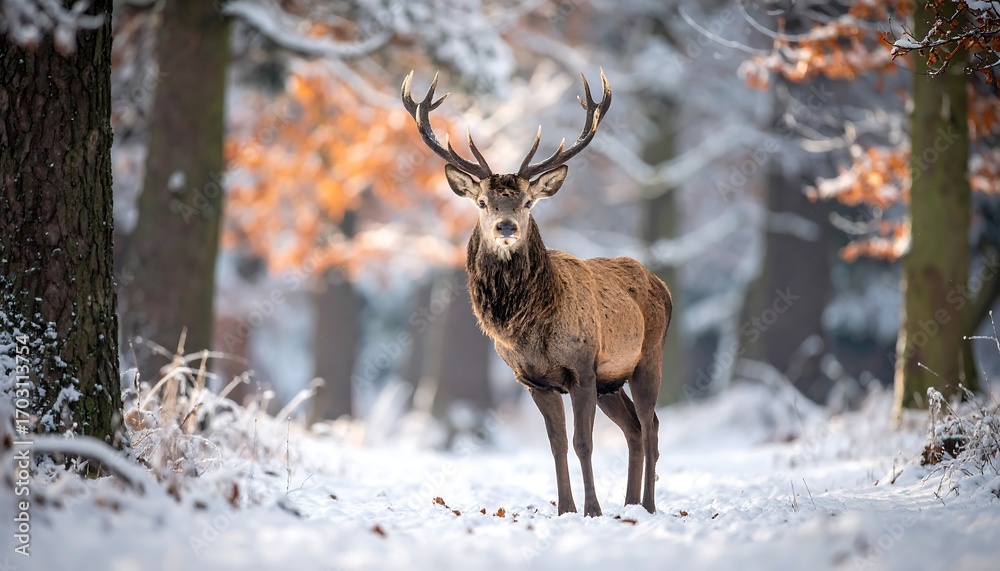 Fototapeta premium Majestic stag in a snowy forest