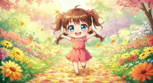 Adorable Chibi Girl Joyfully Running Through a Flowery Path