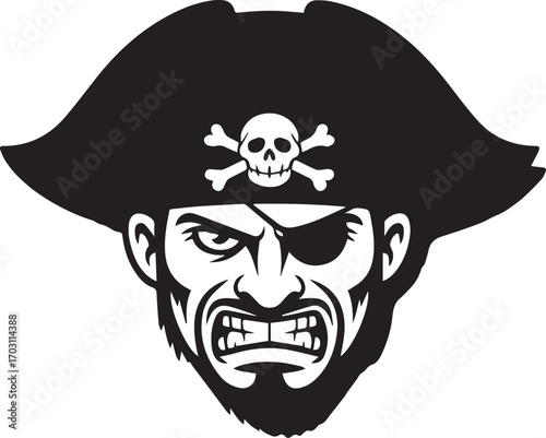 Fierce pirate face with skull and crossbones hat fierce eye patch pirate emblem icon