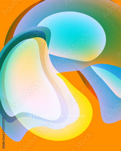 Abstract shapes overlap, creating vibrant color gradients. Orange dominates background, complemented by blues, yellows, greens. Smooth transitions define design.