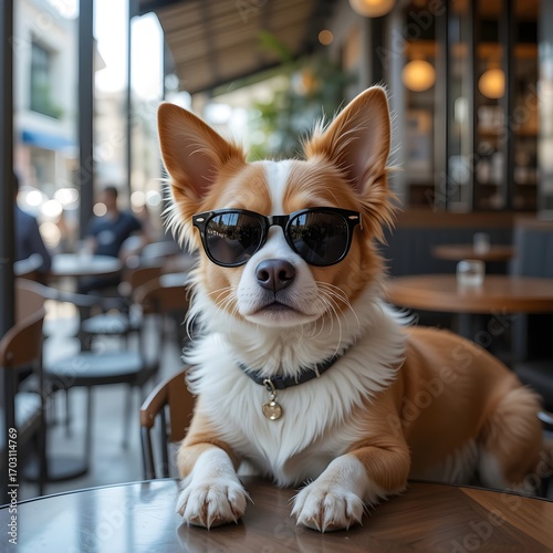 Cool Dog with Sunglasses Lounging at Urban Café