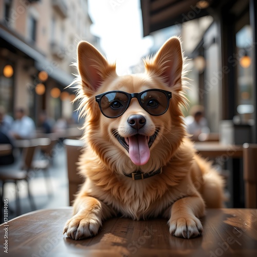 Cool Dog with Sunglasses Lounging at Urban Café