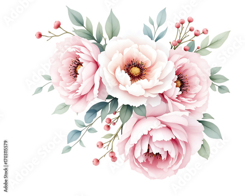 Delicate watercolor peony flowers and berries arrangement Isolated on transparent background