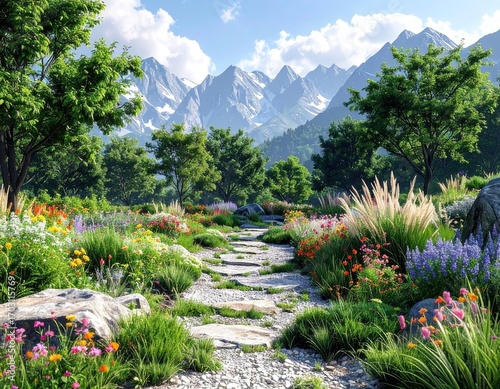 Colorful Flower Garden Path Leading to Majestic Mountains