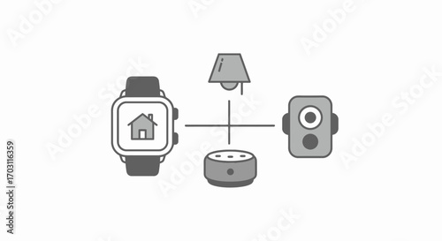 Illustration of interconnected smart home devices including a smartwatch, smart speaker, lamp, and security camera, representing the Internet of Things.