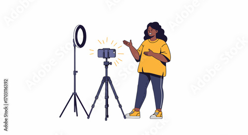 A person recording a video with a smartphone on a tripod and a ring light, creating online content for social media.