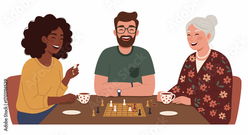 Three diverse people of different generations playing a board game and enjoying drinks together at a table.