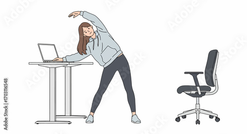 A young woman in casual attire performs a side stretch next to a standing desk with a laptop, promoting office wellness.