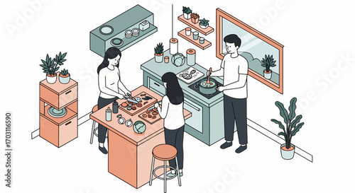 Isometric illustration of three people cooking and preparing food together in a modern kitchen with plants and appliances, depicting a shared culinary activity.
