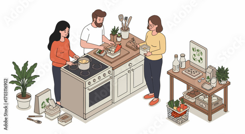 Three people in a modern kitchen preparing a meal, focusing on sustainable and eco-friendly living with reusable containers and a plant.