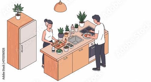 An isometric illustration of a couple cooking together in a modern kitchen, preparing a meal with various ingredients.