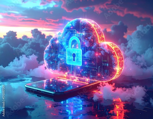 Cybersecurity Cloud Data Protection: Neon Cloud with Padlock on Smartphone