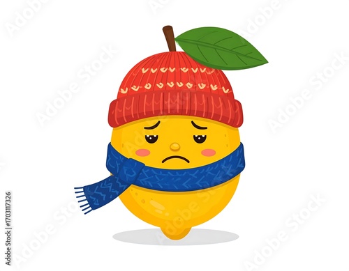 A sad lemon wearing a winter hat and scarf