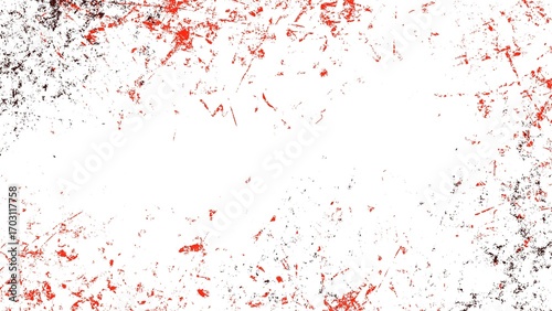Abstract red and black grunge texture on white background, artistic rough surface design with splatter effect and copy space.