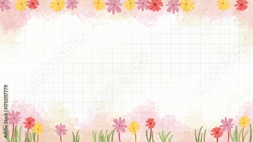 Decorative floral background with colorful pastel flowers and lined texture, soft watercolor design for greeting or invitation template.