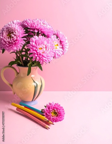 Pastel pink flowers in a vase with colored pencils