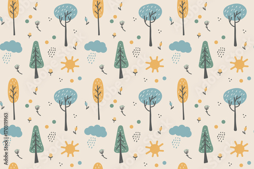 Wild autumn-winter forest children’s textile design in decorative Scandinavian style. Natural landscape. Seamless vector pattern on beige background. For kids bedding, fabric, wallpaper, t-shirt print