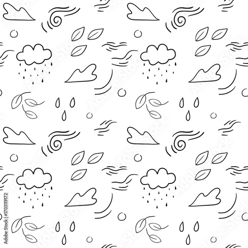 Autumn, fall, rainy day, weather, wind, abstract seamless pattern in doodle style, line art, hand drawing.