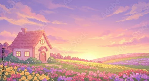 A whimsical storybook cottage with glowing windows, surrounded by a colorful field of flowers under a dreamy pastel sunset sky