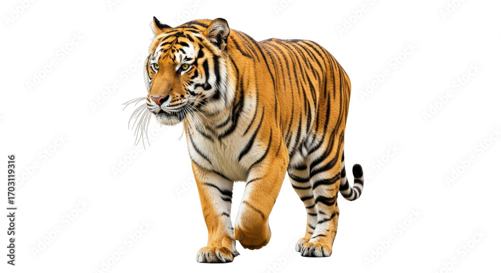 Fototapeta premium Bengal tiger prowling forward isolated PNG with Transparent Background