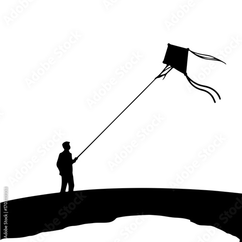 A serene and powerful black and white icon featuring the silhouette of a lone figure standing on a hill or in an open field, with a kite soaring high into the sky