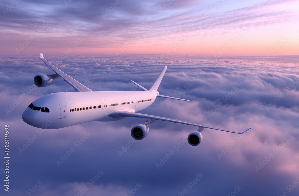 Obraz premium White passenger airplane soaring above a thick layer of clouds, capturing the vibrant colors of a stunning sunset in the sky