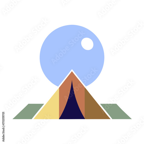 Minimalist camping tent under a large blue moon illustration