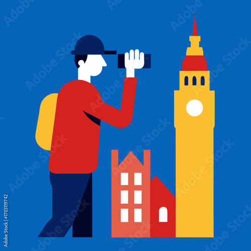 Traveler with binoculars explores iconic city landmarks