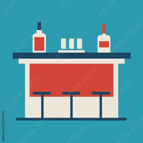 Minimalist bar counter with bottles and stools on a teal background