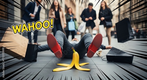 Person Slipping on Banana Peel While Shopping in Busy City Street with Laughter