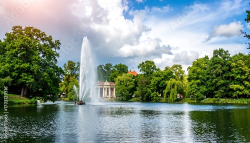 Wallpaper Mural Serene park lake with fountain and gazebo under a partly cloudy sky Torontodigital.ca