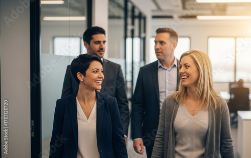 A group of professionals walk casually together in a modern corridor.