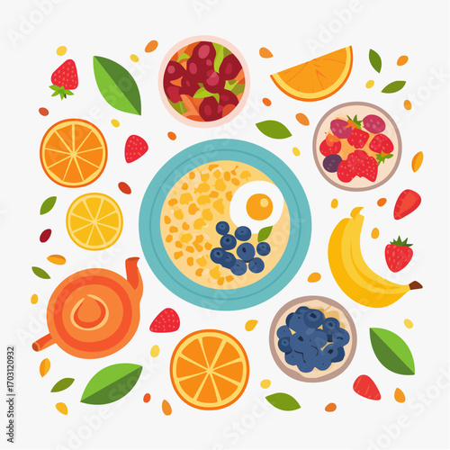 Healthy breakfast spread: oatmeal, fruit, berries, and tea.