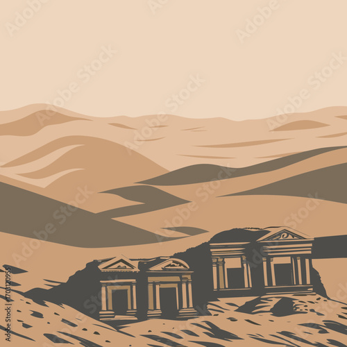 Vector art of an illustration of ancient tombs in a desert landscape, featuring rolling sand dunes and a clear sky, evoking a sense of history and mystery