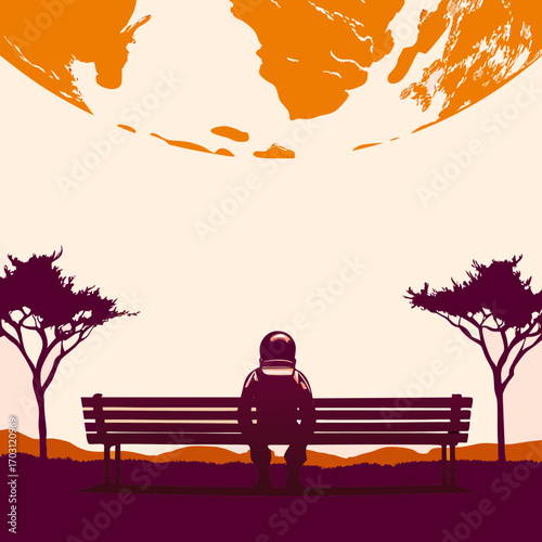 Vector art of a contemplative astronaut sitting on a bench under a giant earth, surrounded by trees, in a surreal and thoughtprovoking illustration